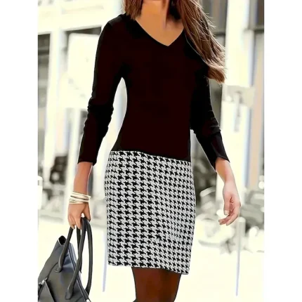 Women's Mini Dress Print Dress Fashion Modern Daily Tea Party Going out Loose Fit Color Block Houndstooth Long Sleeve V Neck Black Spring Fall